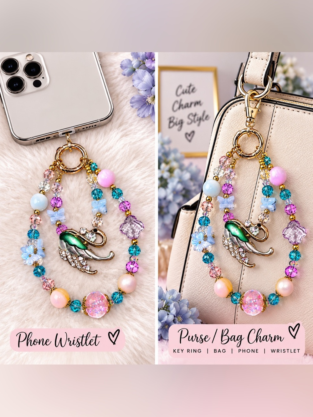 Gold Multicolor Beaded Purse Charm & phone Wristlet with Green Enamel swan